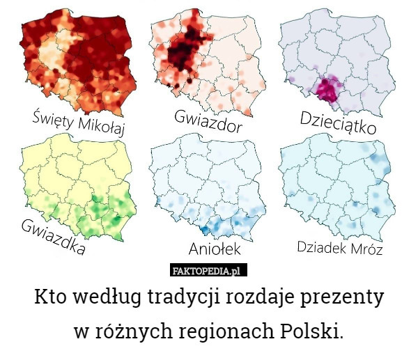 Kto według tradycji rozdaje prezenty
 w różnych regionach Polski. 