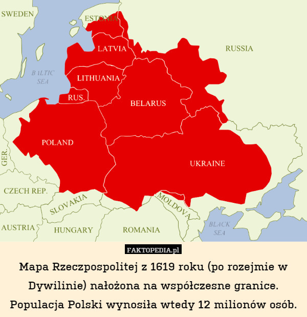 Mapa Rzeczpospolitej z 1619 roku (po rozejmie w Dywilinie) nałożona na współczesne granice. Populacja Polski wynosiła wtedy 12 milionów osób. 