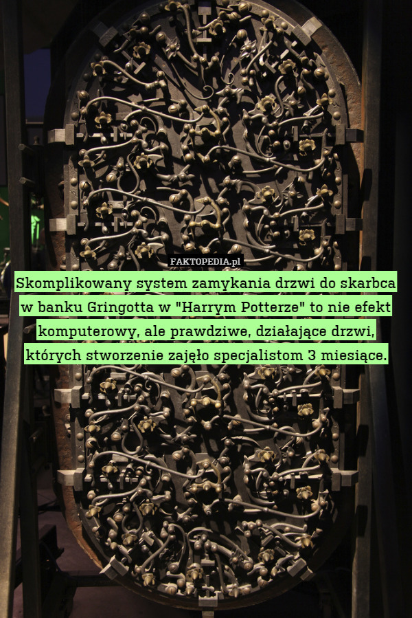 Skomplikowany system zamykania drzwi do skarbca w banku Gringotta w "Harrym Potterze" to nie efekt komputerowy, ale prawdziwe, działające drzwi, których stworzenie zajęło specjalistom 3 miesiące. 