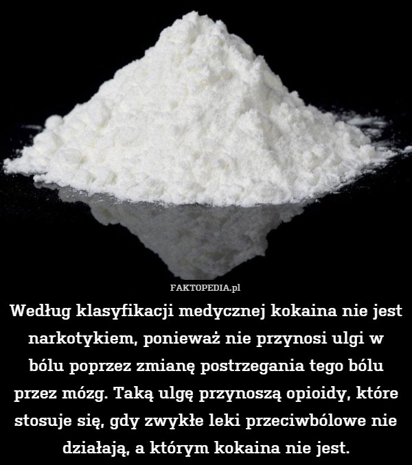 Według klasyfikacji medycznej kokaina nie jest narkotykiem, ponieważ nie przynosi ulgi w bólu poprzez zmianę postrzegania tego bólu przez mózg. Taką ulgę przynoszą opioidy, które stosuje się, gdy zwykłe leki przeciwbólowe nie działają, a którym kokaina nie jest. 