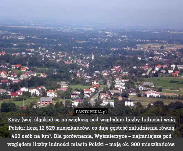 Kozy (woj. śląskie) są największą pod względem liczby ludności wsią Polski: liczą 12 529 mieszkańców, co daje gęstość zaludnienia równą 469 osób na km². Dla porównania, Wyśmierzyce – najmniejsze pod względem liczby ludności miasto Polski – mają ok. 900 mieszkańców. 