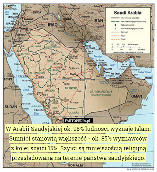W Arabii Saudyjskiej ok. 98% ludności wyznaje Islam. Sunnici stanowią większość - ok. 85% wyznawców,
 z kolei szyici 15%. Szyici są mniejszością religijną prześladowaną na terenie państwa saudyjskiego. 