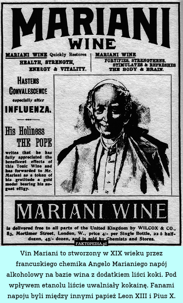 Vin Mariani to stworzony w XIX wieku przez francuskiego chemika Angelo Marianiego napój alkoholowy na bazie wina z dodatkiem liści koki. Pod wpływem etanolu liście uwalniały kokainę. Fanami napoju byli między innymi papież Leon XIII i Pius X. 