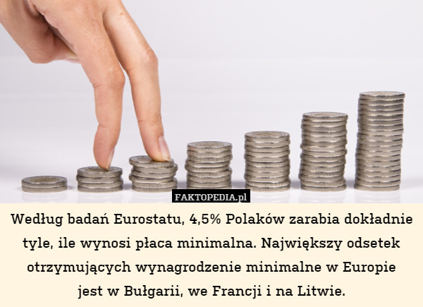 Według badań Eurostatu, 4,5% Polaków zarabia dokładnie tyle, ile wynosi płaca minimalna. Największy odsetek otrzymujących wynagrodzenie minimalne w Europie
jest w Bułgarii, we Francji i na Litwie. 