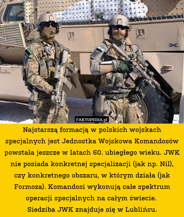 Najstarszą formacją w polskich wojskach specjalnych jest Jednostka Wojskowa Komandosów powstała jeszcze w latach 60. ubiegłego wieku. JWK nie posiada konkretnej specjalizacji (jak np. Nil), czy konkretnego obszaru, w którym działa (jak Formoza). Komandosi wykonują całe spektrum operacji specjalnych na całym świecie. 
Siedziba JWK znajduje się w Lublińcu. 