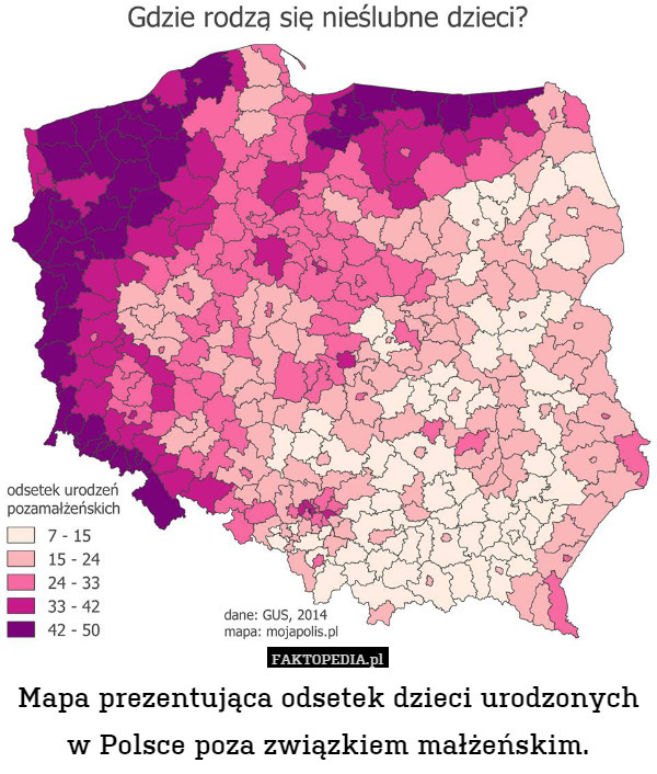 Mapa prezentująca odsetek dzieci urodzonych w Polsce poza związkiem małżeńskim. 