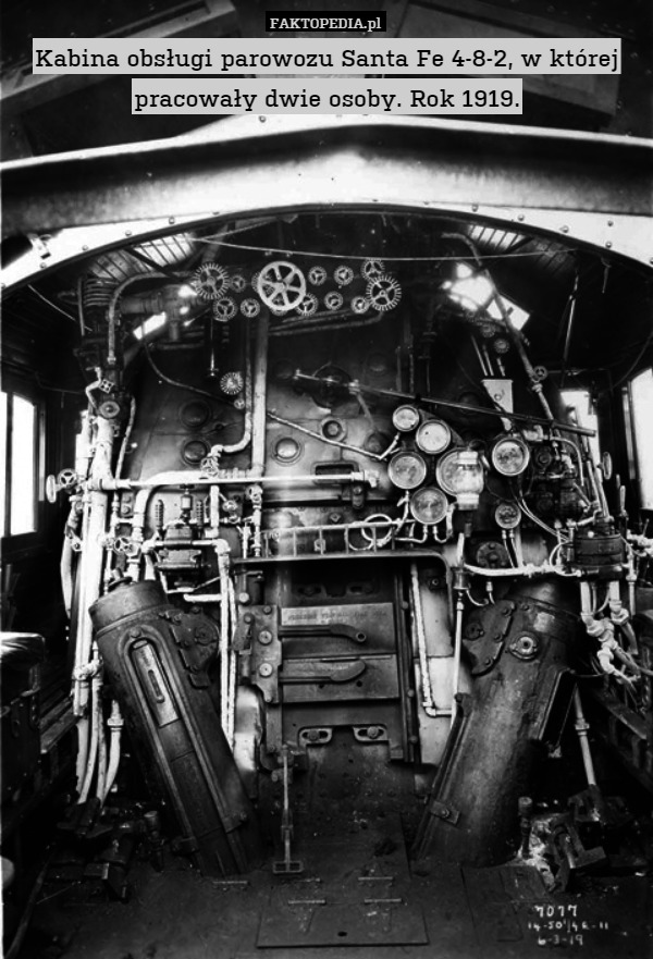 Kabina obsługi parowozu Santa Fe 4-8-2, w której pracowały dwie osoby. Rok 1919. 