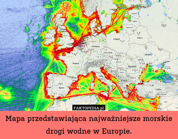 Mapa przedstawiająca najważniejsze morskie drogi wodne w Europie. 