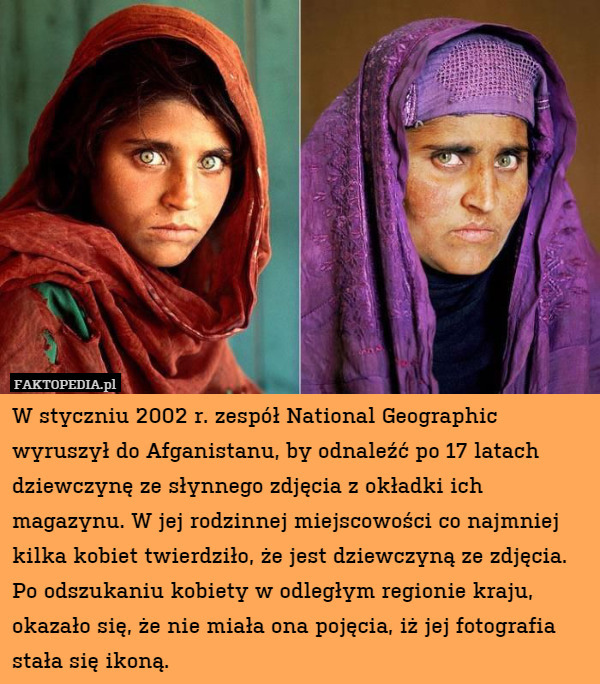 W styczniu 2002 r. zespół National Geographic wyruszył do Afganistanu, by odnaleźć po 17 latach dziewczynę ze słynnego zdjęcia z okładki ich magazynu. W jej rodzinnej miejscowości co najmniej kilka kobiet twierdziło, że jest dziewczyną ze zdjęcia. Po odszukaniu kobiety w odległym regionie kraju, okazało się, że nie miała ona pojęcia, iż jej fotografia stała się ikoną. 