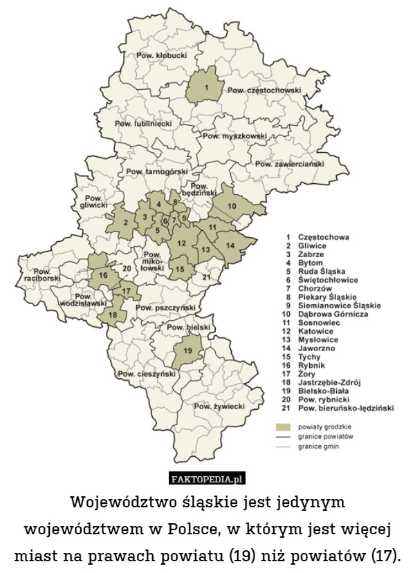 Województwo śląskie jest jedynym województwem w Polsce, w którym jest więcej miast na prawach powiatu (19) niż powiatów (17). 