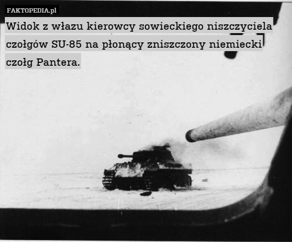 Widok z włazu kierowcy sowieckiego niszczyciela czołgów SU-85 na płonący zniszczony niemiecki czołg Pantera. 