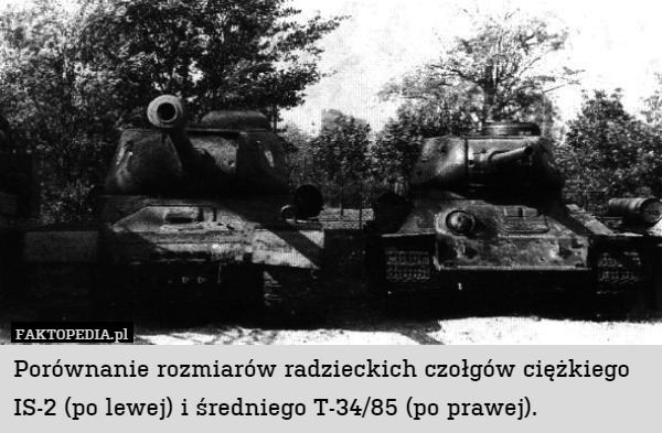 Porównanie rozmiarów radzieckich czołgów ciężkiego IS-2 (po lewej) i średniego T-34/85 (po prawej). 