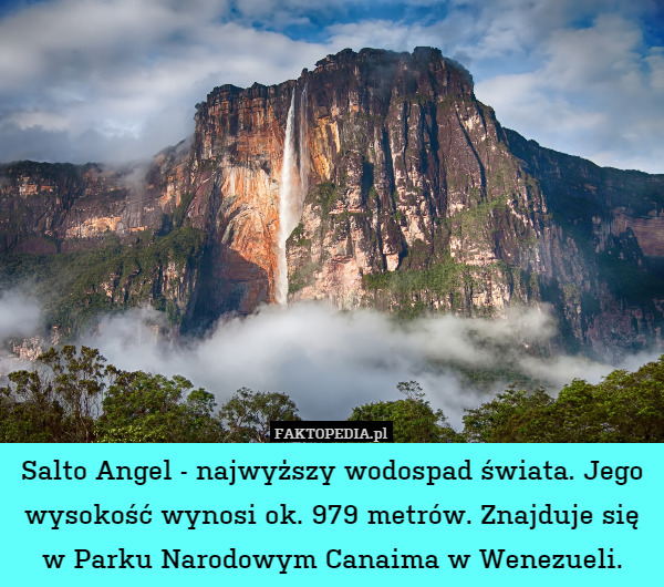 Salto Angel - najwyższy wodospad świata. Jego wysokość wynosi ok. 979 metrów. Znajduje się w Parku Narodowym Canaima w Wenezueli. 