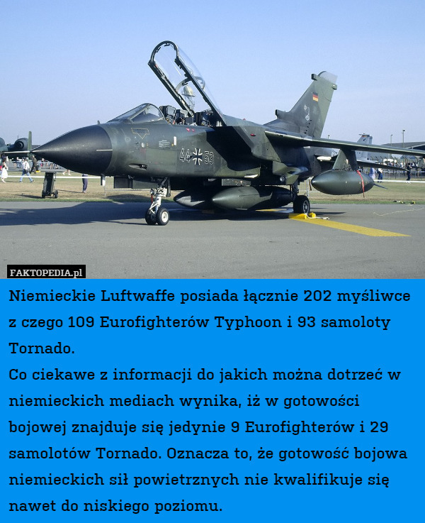Niemieckie Luftwaffe posiada łącznie 202 myśliwce z czego 109 Eurofighterów Typhoon i 93 samoloty Tornado. 
Co ciekawe z informacji do jakich można dotrzeć w niemieckich mediach wynika, iż w gotowości bojowej znajduje się jedynie 9 Eurofighterów i 29 samolotów Tornado. Oznacza to, że gotowość bojowa niemieckich sił powietrznych nie kwalifikuje się nawet do niskiego poziomu. 