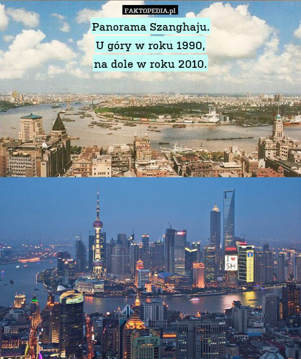 Panorama Szanghaju.
U góry w roku 1990,
na dole w roku 2010. 