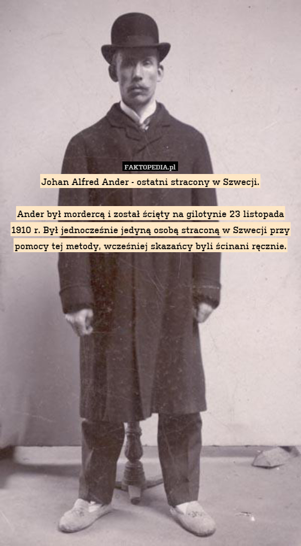 Johan Alfred Ander - ostatni stracony w Szwecji.

Ander był mordercą i został ścięty na gilotynie 23 listopada 1910 r. Był jednocześnie jedyną osobą straconą w Szwecji przy pomocy tej metody, wcześniej skazańcy byli ścinani ręcznie. 