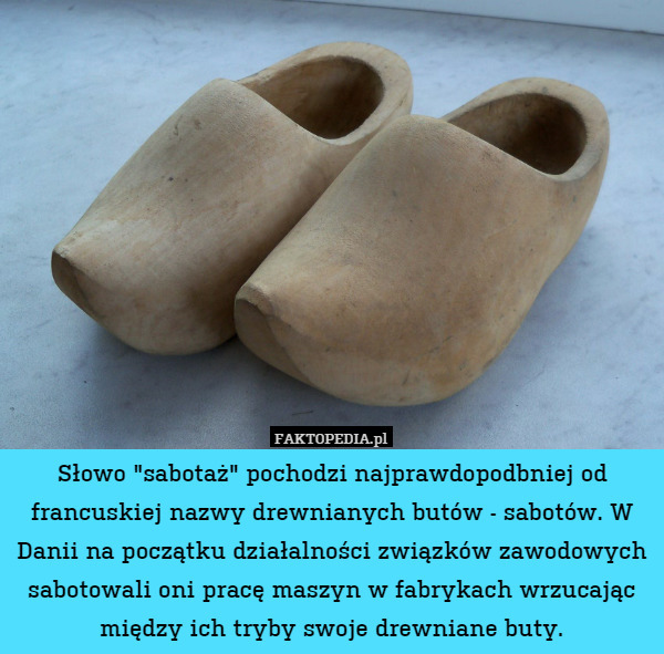 Słowo "sabotaż" pochodzi najprawdopodbniej od francuskiej nazwy drewnianych butów - sabotów. W Danii na początku działalności związków zawodowych sabotowali oni pracę maszyn w fabrykach wrzucając między ich tryby swoje drewniane buty. 