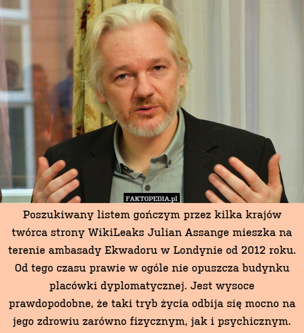 Poszukiwany listem gończym przez kilka krajów twórca strony WikiLeaks Julian Assange mieszka na terenie ambasady Ekwadoru w Londynie od 2012 roku. Od tego czasu prawie w ogóle nie opuszcza budynku placówki dyplomatycznej. Jest wysoce prawdopodobne, że taki tryb życia odbija się mocno na jego zdrowiu zarówno fizycznym, jak i psychicznym. 