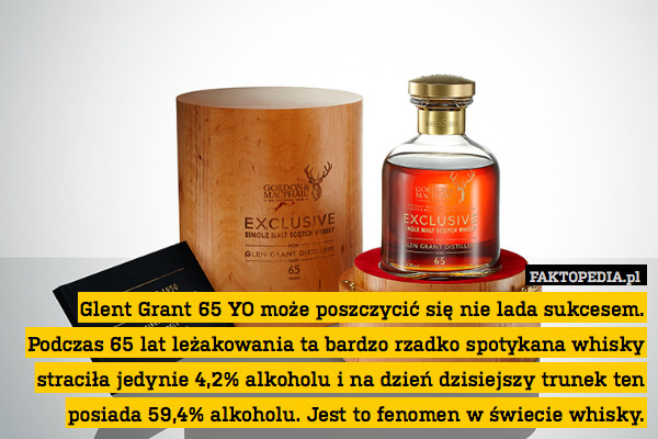 Glent Grant 65 YO może poszczycić się nie lada sukcesem. Podczas 65 lat leżakowania ta bardzo rzadko spotykana whisky straciła jedynie 4,2% alkoholu i na dzień dzisiejszy trunek ten posiada 59,4% alkoholu. Jest to fenomen w świecie whisky. 