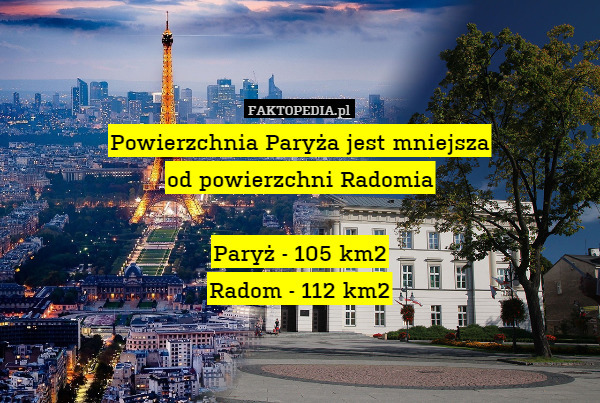 Powierzchnia Paryża jest mniejsza
od powierzchni Radomia

Paryż - 105 km2
Radom - 112 km2 