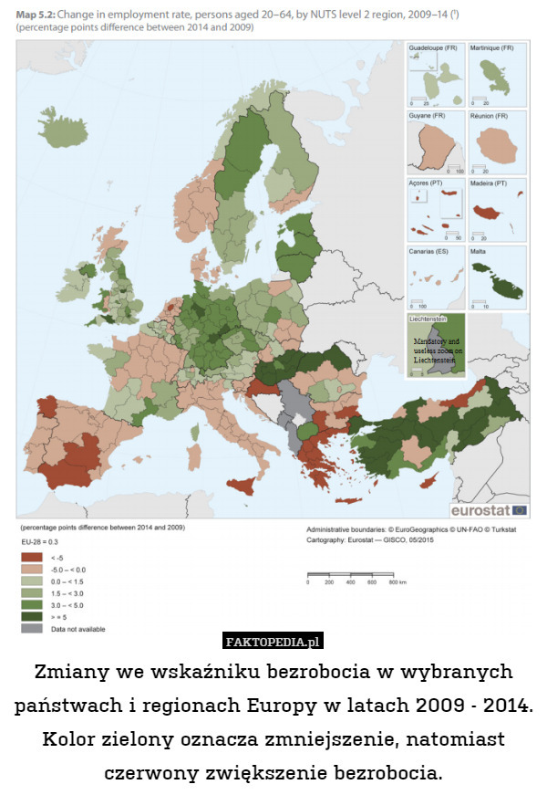 Zmiany we wskaźniku bezrobocia w wybranych państwach i regionach Europy w latach 2009 - 2014.
Kolor zielony oznacza zmniejszenie, natomiast czerwony zwiększenie bezrobocia. 