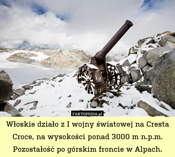 Włoskie działo z I wojny światowej na Cresta Croce, na wysokości ponad 3000 m n.p.m. Pozostałość po górskim froncie w Alpach. 