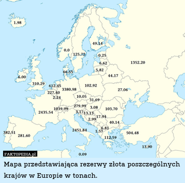 Mapa przedstawiająca rezerwy złota poszczególnych krajów w Europie w tonach. 