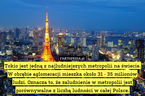 Tokio jest jedną z najludniejszych metropolii na świecie. W obrębie aglomeracji mieszka około 31 - 35 milionów ludzi. Oznacza to, że zaludnienie w metropolii jest porównywalne z liczbą ludności w całej Polsce. 