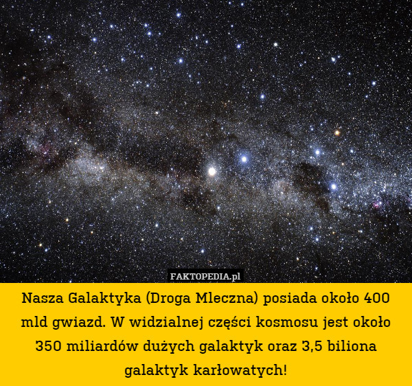 Nasza Galaktyka (Droga Mleczna) posiada około 400 mld gwiazd. W widzialnej części kosmosu jest około 350 miliardów dużych galaktyk oraz 3,5 biliona galaktyk karłowatych! 