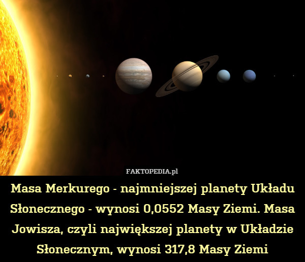 Masa Merkurego - najmniejszej planety Układu Słonecznego - wynosi 0,0552 Masy Ziemi. Masa Jowisza, czyli największej planety w Układzie Słonecznym, wynosi 317,8 Masy Ziemi 