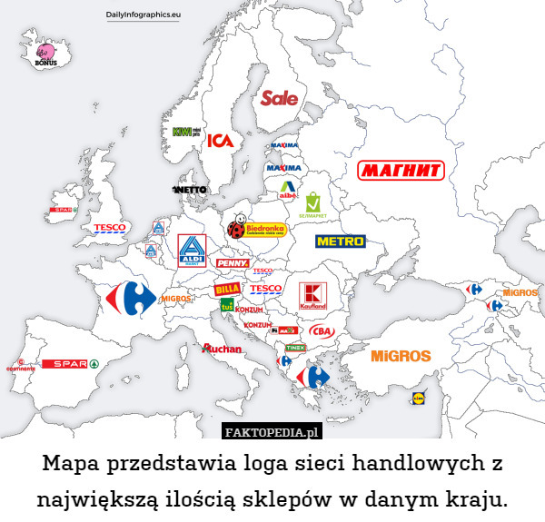 Mapa przedstawia loga sieci handlowych z największą ilością sklepów w danym kraju. 