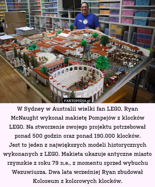 W Sydney w Australii wielki fan LEGO, Ryan McNaught wykonał makietę Pompejów z klocków LEGO. Na stworzenie swojego projektu potrzebował ponad 500 godzin oraz ponad 190.000 klocków.
Jest to jeden z największych modeli historycznych wykonanych z LEGO. Makieta ukazuje antyczne miasto rzymskie z roku 79 n.e., z momentu sprzed wybuchu Wezuwiusza. Dwa lata wcześniej Ryan zbudował Koloseum z kolorowych klocków. 