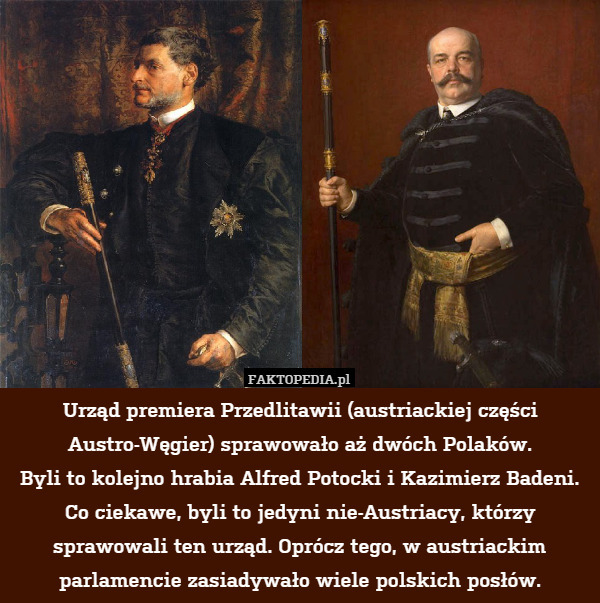 Urząd premiera Przedlitawii (austriackiej części Austro-Węgier) sprawowało aż dwóch Polaków.
Byli to kolejno hrabia Alfred Potocki i Kazimierz Badeni. Co ciekawe, byli to jedyni nie-Austriacy, którzy sprawowali ten urząd. Oprócz tego, w austriackim parlamencie zasiadywało wiele polskich posłów. 
