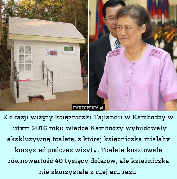 Z okazji wizyty księżniczki Tajlandii w Kambodży w lutym 2016 roku władze Kambodży wybudowały ekskluzywną toaletę, z której księżniczka miałaby korzystać podczas wizyty. Toaleta kosztowała równowartość 40 tysięcy dolarów, ale księżniczka nie skorzystała z niej ani razu. 