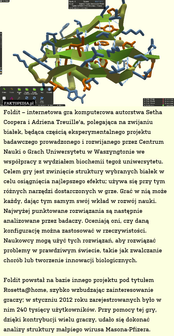 Foldit – internetowa gra komputerowa autorstwa Setha Coopera i Adriena Treuille'a, polegająca na zwijaniu białek, będąca częścią eksperymentalnego projektu badawczego prowadzonego i rozwijanego przez Centrum Nauki o Grach Uniwersytetu w Waszyngtonie we współpracy z wydziałem biochemii tegoż uniwersytetu. Celem gry jest zwinięcie struktury wybranych białek w celu osiągnięcia najlepszego efektu; używa się przy tym różnych narzędzi dostarczonych w grze. Grać w nią może każdy, dając tym samym swój wkład w rozwój nauki. Najwyżej punktowane rozwiązania są następnie analizowane przez badaczy. Oceniają oni, czy daną konfigurację można zastosować w rzeczywistości. Naukowcy mogą użyć tych rozwiązań, aby rozwiązać problemy w prawdziwym świecie, takie jak zwalczanie chorób lub tworzenie innowacji biologicznych.

Foldit powstał na bazie innego projektu pod tytułem Rosetta@home, szybko wzbudzając zainteresowanie graczy; w styczniu 2012 roku zarejestrowanych było w nim 240 tysięcy użytkowników. Przy pomocy tej gry, dzięki kontrybucji wielu graczy, udało się dokonać analizy struktury małpiego wirusa Masona-Pfizera. 