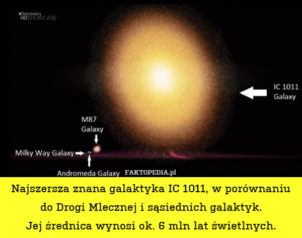 Najszersza znana galaktyka IC 1011, w porównaniu do Drogi Mlecznej i sąsiednich galaktyk.
Jej średnica wynosi ok. 6 mln lat świetlnych. 