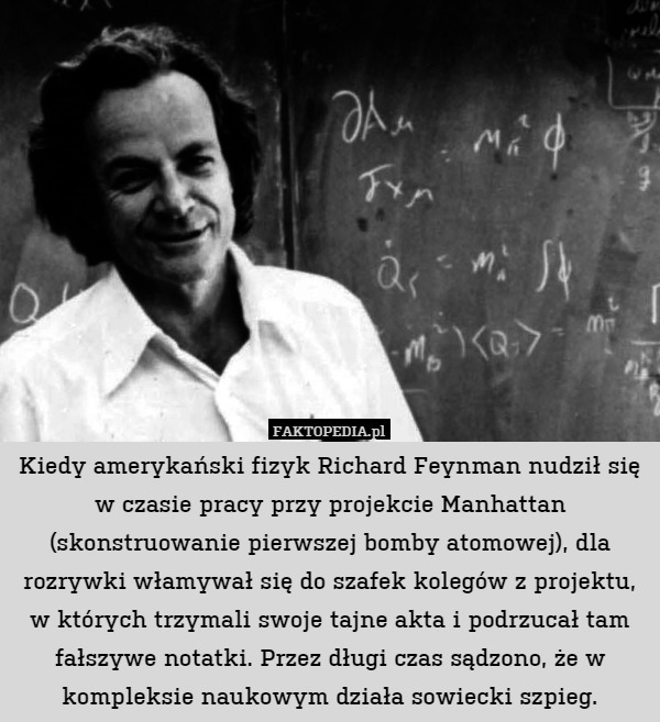 Kiedy amerykański fizyk Richard Feynman nudził się w czasie pracy przy projekcie Manhattan (skonstruowanie pierwszej bomby atomowej), dla rozrywki włamywał się do szafek kolegów z projektu, w których trzymali swoje tajne akta i podrzucał tam fałszywe notatki. Przez długi czas sądzono, że w kompleksie naukowym działa sowiecki szpieg. 