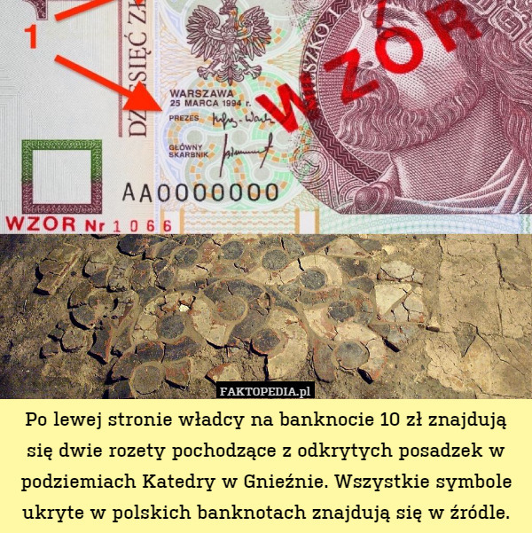 Po lewej stronie władcy na banknocie 10 zł znajdują się dwie rozety pochodzące z odkrytych posadzek w podziemiach Katedry w Gnieźnie. Wszystkie symbole ukryte w polskich banknotach znajdują się w źródle. 