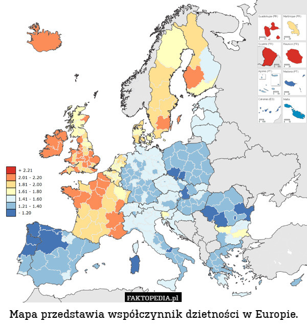 Mapa przedstawia współczynnik dzietności w Europie. 