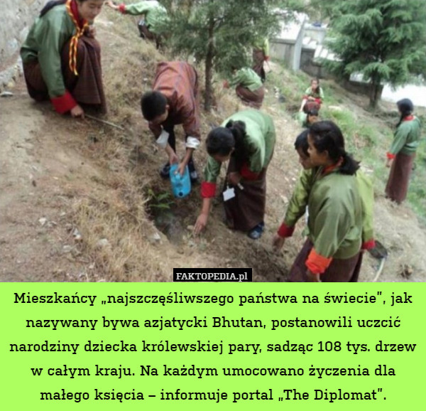Mieszkańcy „najszczęśliwszego państwa na świecie”, jak nazywany bywa azjatycki Bhutan, postanowili uczcić narodziny dziecka królewskiej pary, sadząc 108 tys. drzew w całym kraju. Na każdym umocowano życzenia dla małego księcia – informuje portal „The Diplomat”. 