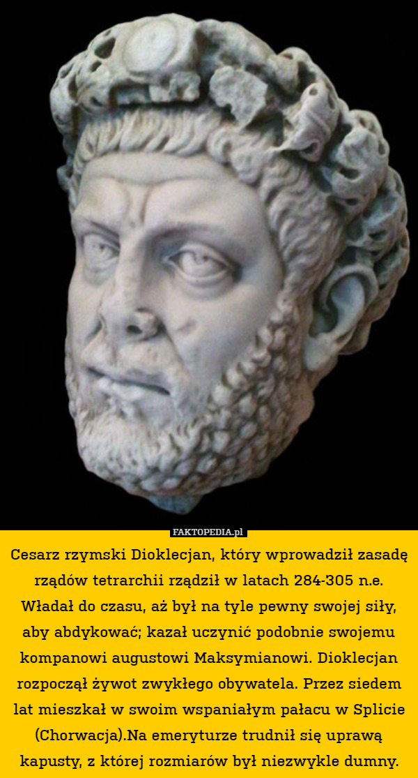 Cesarz rzymski Dioklecjan, który wprowadził zasadę rządów tetrarchii rządził w latach 284-305 n.e. Władał do czasu, aż był na tyle pewny swojej siły, aby abdykować; kazał uczynić podobnie swojemu kompanowi augustowi Maksymianowi. Dioklecjan rozpoczął żywot zwykłego obywatela. Przez siedem lat mieszkał w swoim wspaniałym pałacu w Splicie (Chorwacja).Na emeryturze trudnił się uprawą kapusty, z której rozmiarów był niezwykle dumny. 
