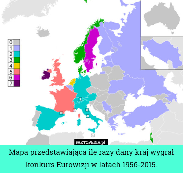Mapa przedstawiająca ile razy dany kraj wygrał konkurs Eurowizji w latach 1956-2015. 