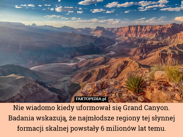 Nie wiadomo kiedy uformował się Grand Canyon. Badania wskazują, że najmłodsze regiony tej słynnej formacji skalnej powstały 6 milionów lat temu. 