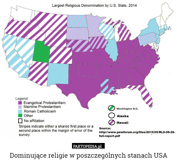 Dominujące religie w poszczególnych stanach USA 