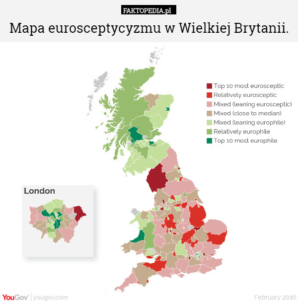 Mapa eurosceptycyzmu w Wielkiej Brytanii. 