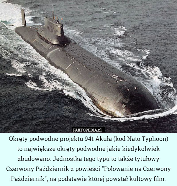 Okręty podwodne projektu 941 Akuła (kod Nato Typhoon)
to największe okręty podwodne jakie kiedykolwiek zbudowano. Jednostka tego typu to także tytułowy Czerwony Październik z powieści "Polowanie na Czerwony Październik", na podstawie której powstał kultowy film. 