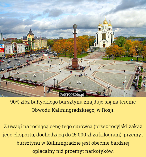 90% złóż bałtyckiego bursztynu znajduje się na terenie Obwodu Kaliningradzkiego, w Rosji.

Z uwagi na rosnącą cenę tego surowca (przez rosyjski zakaz jego eksportu, dochodzącą do 15 000 zł za kilogram), przemyt bursztynu w Kaliningradzie jest obecnie bardziej
opłacalny niż przemyt narkotyków. 