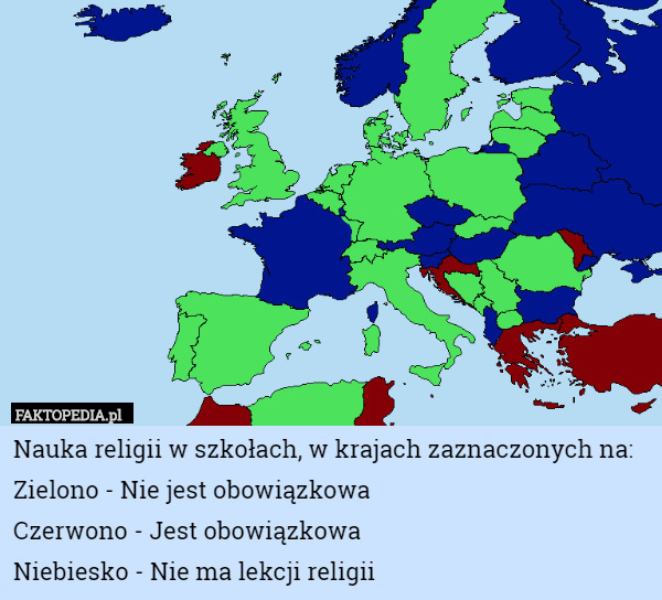 Nauka religii w szkołach, w krajach zaznaczonych na:
Zielono - Nie jest obowiązkowa
Czerwono - Jest obowiązkowa 
Niebiesko - Nie ma lekcji religii 