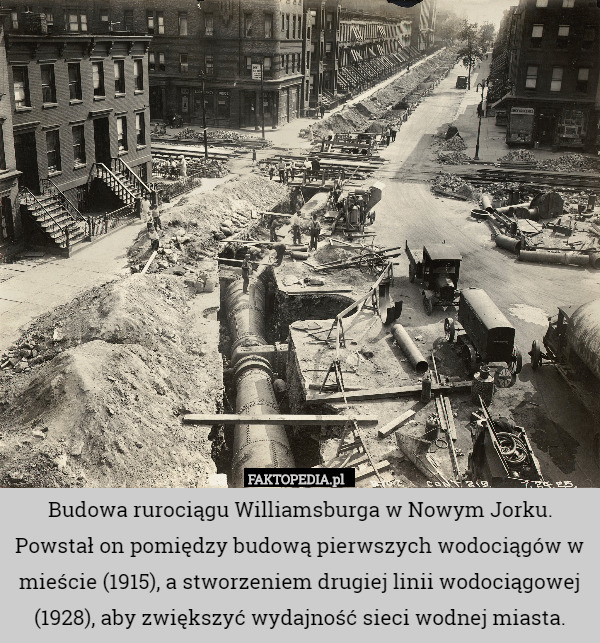 Budowa rurociągu Williamsburga w Nowym Jorku. Powstał on pomiędzy budową pierwszych wodociągów w mieście (1915), a stworzeniem drugiej linii wodociągowej (1928), aby zwiększyć wydajność sieci wodnej miasta. 