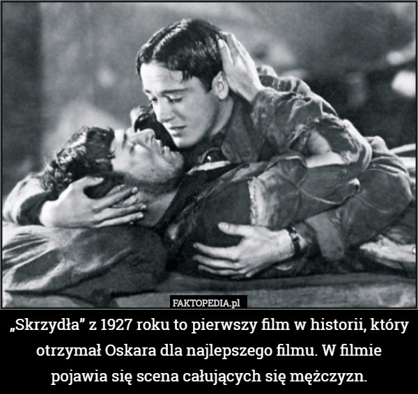 „Skrzydła” z 1927 roku to pierwszy film w historii, który otrzymał Oskara dla najlepszego filmu. W filmie pojawia się scena całujących się mężczyzn. 